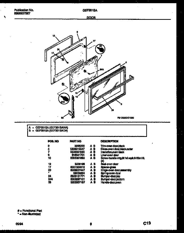DOOR Diagram and Parts List for GEF301SADA  Gibson Range