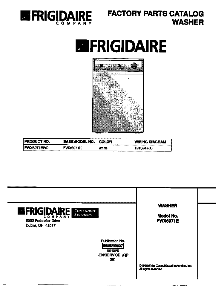 COVER Diagram and Parts List for FWX6971EW0  Frigidaire Washer
