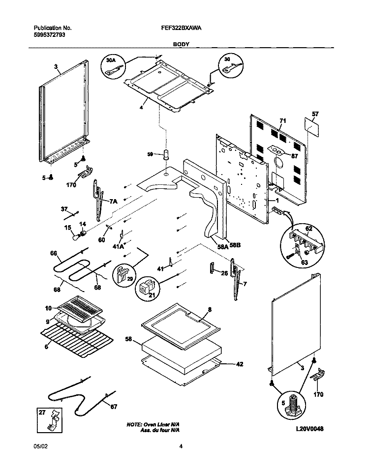 BODY Diagram and Parts List for FEF322BXAWA  Frigidaire Range