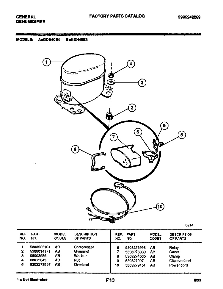 COMPRESSOR Diagram and Parts List for GDH40E6  Frigidaire Dehumidifier