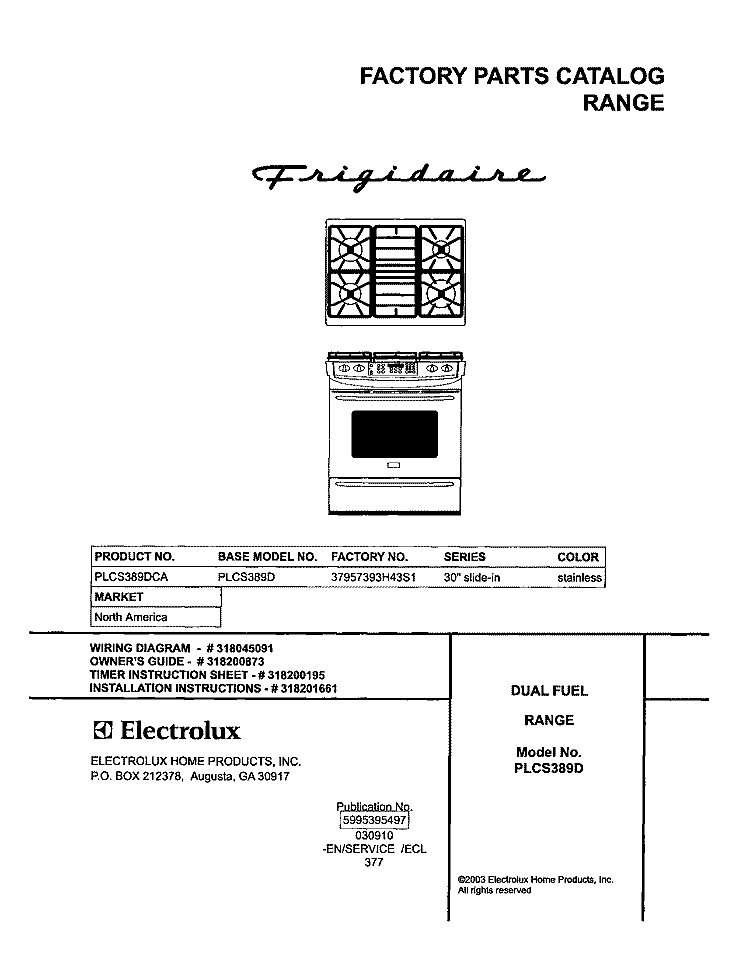 COVER Diagram and Parts List for PLCS389DCA  Frigidaire Range