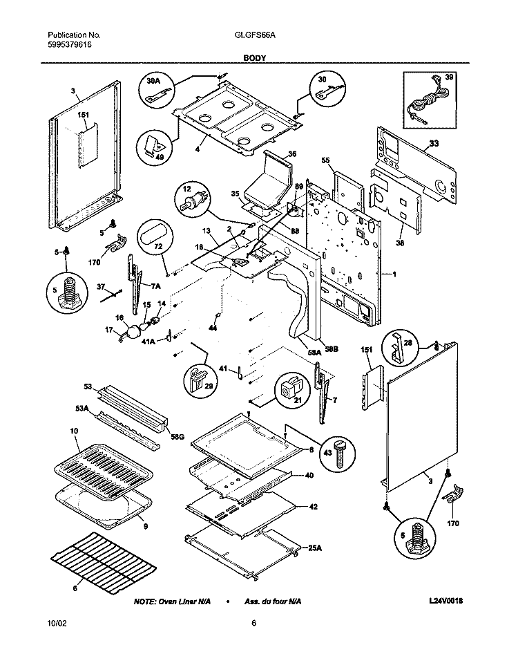 BODY Diagram and Parts List for GLGFS66AQD  Frigidaire Range