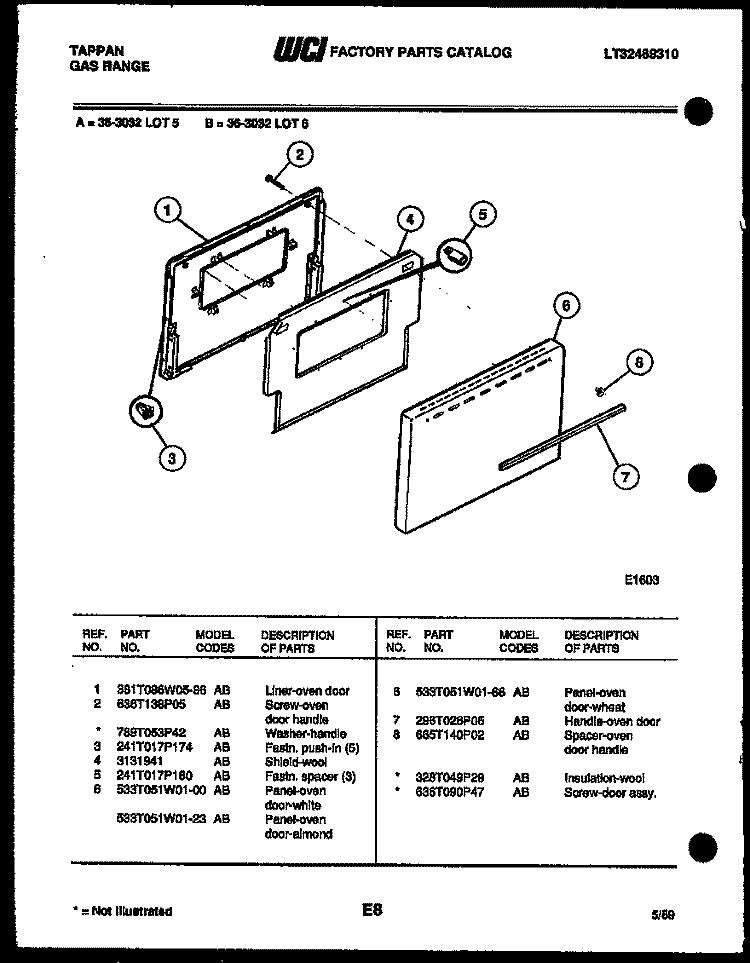 DOOR PARTS Diagram and Parts List for 36-3032-23-06  Tappan Range