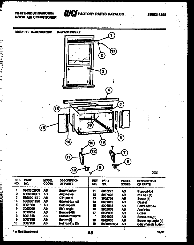 CABINET AND INSTALLATION PARTS Diagram and Parts List for AS189P2K2  Frigidaire Air Conditioner