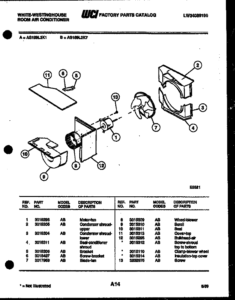 AIR HANDLING PARTS Diagram and Parts List for AS189L2K1  Frigidaire Air Conditioner