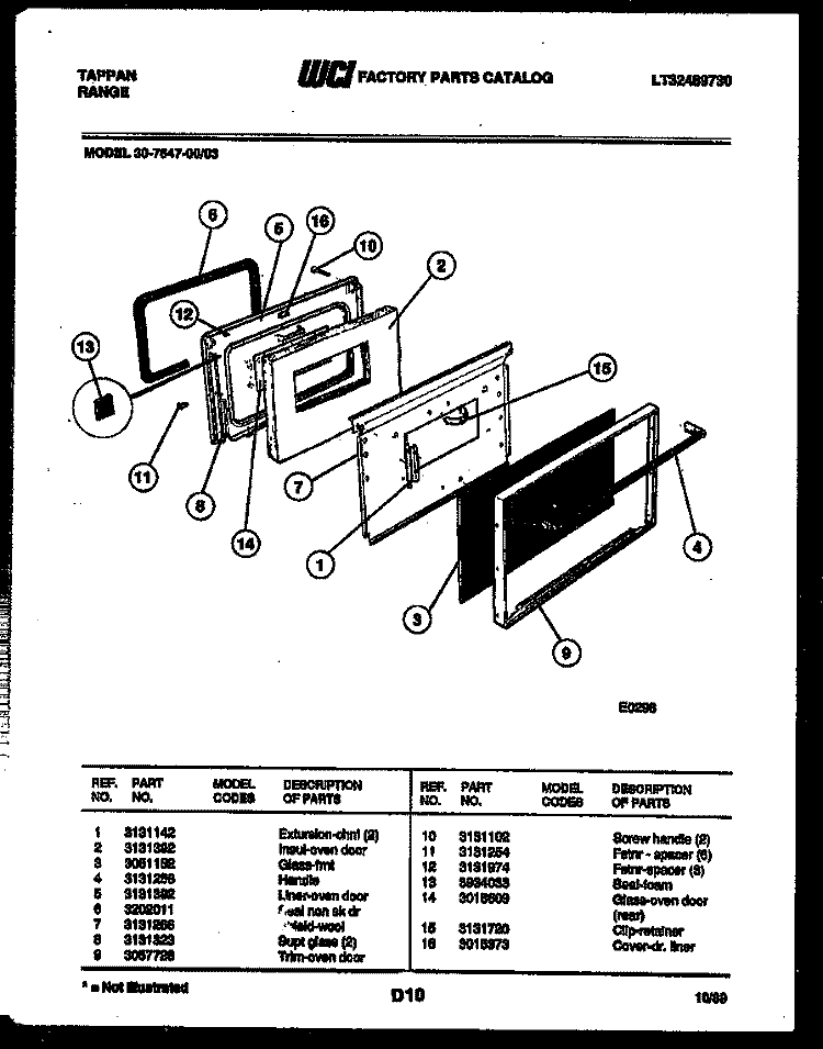 DOOR PARTS Diagram and Parts List for 30-7647-23-03  Tappan Range
