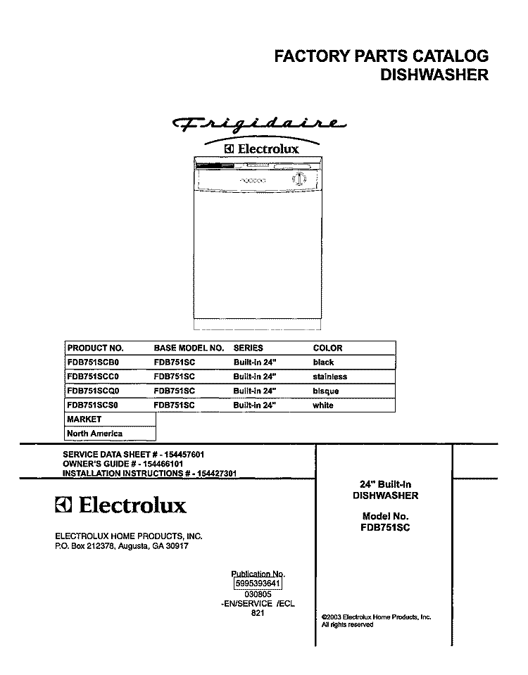 COVER Diagram and Parts List for FDB751SCC0  Frigidaire Dishwasher