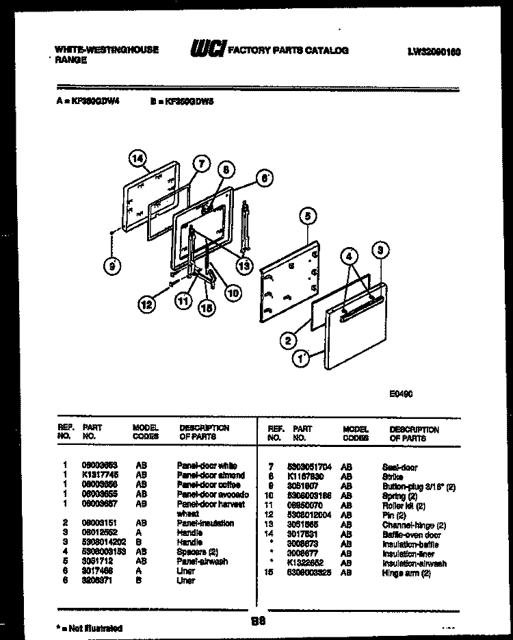 DOOR PARTS Diagram and Parts List for KF350GDD4  Frigidaire Range