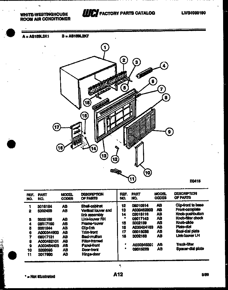 CABINET PARTS Diagram and Parts List for AS189L2K1  Frigidaire Air Conditioner