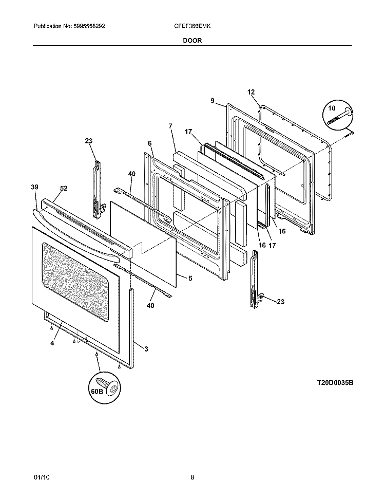 DOOR Diagram and Parts List for CFEF366EMK  Frigidaire Range