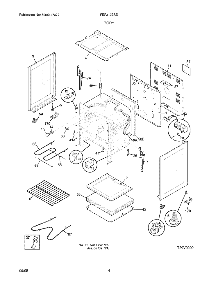 BODY Diagram and Parts List for FEF312BSE  Frigidaire Range