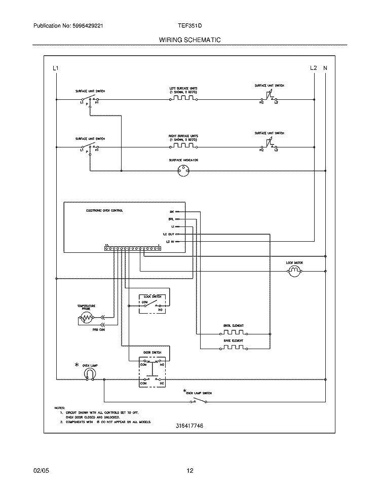 WIRING SCHEMATIC Diagram and Parts List for TEF351DUB  Tappan Range