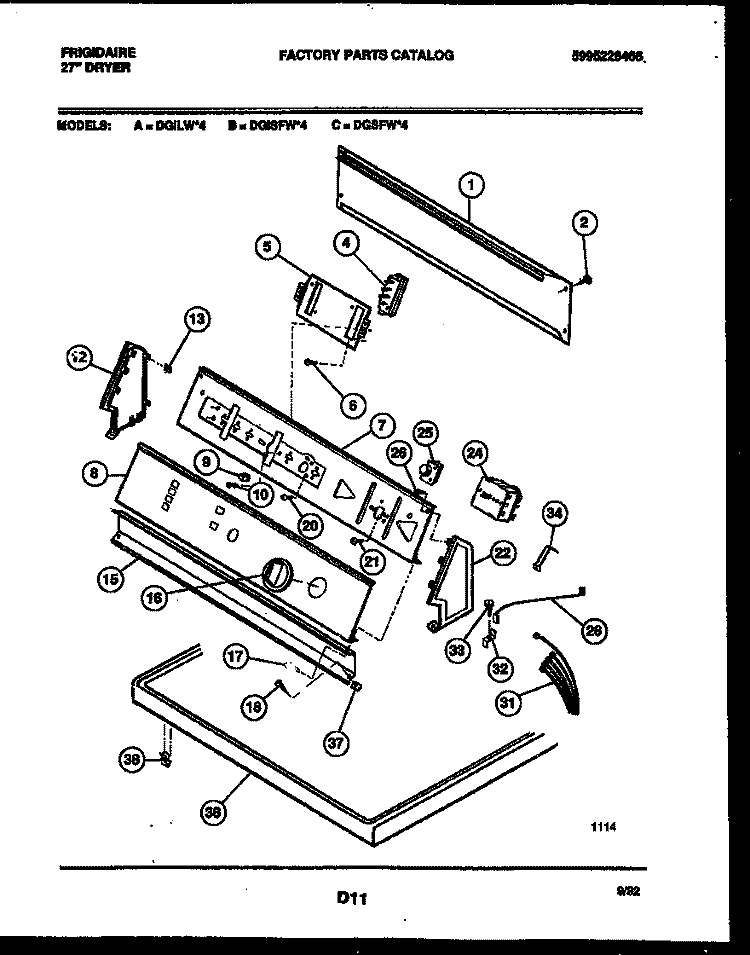 CONSOLE AND CONTROL PARTS Diagram and Parts List for DGILL4  Frigidaire Dryer