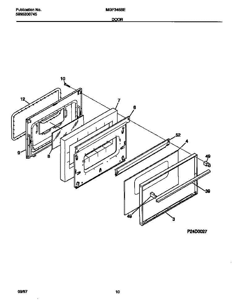 DOOR Diagram and Parts List for MGF345BEWC  Frigidaire Range