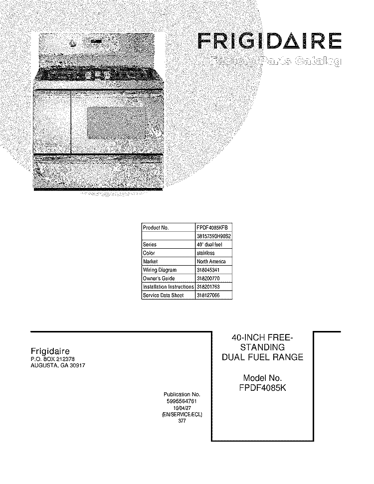 COVER Diagram and Parts List for FPDF4085KFB  Frigidaire Range