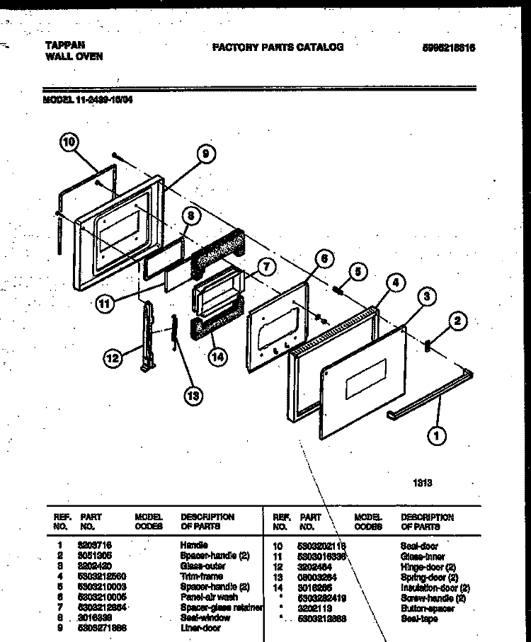 DOOR PARTS Diagram and Parts List for 11-2439-00-04  Tappan Wall Oven