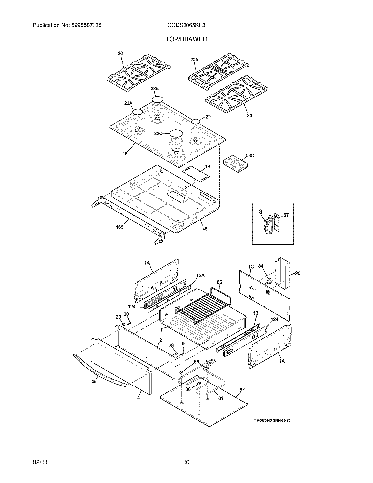 TOP/DRAWER Diagram and Parts List for CGDS3065KF3  Frigidaire Range