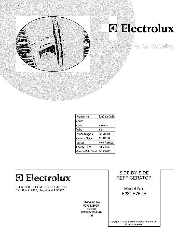 COVER Diagram and Parts List for E23CS75DSS5  Electrolux Refrigerator