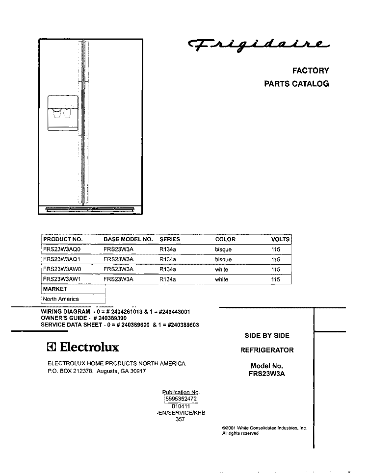 COVER Diagram and Parts List for FRS23W3AW1  Frigidaire Refrigerator