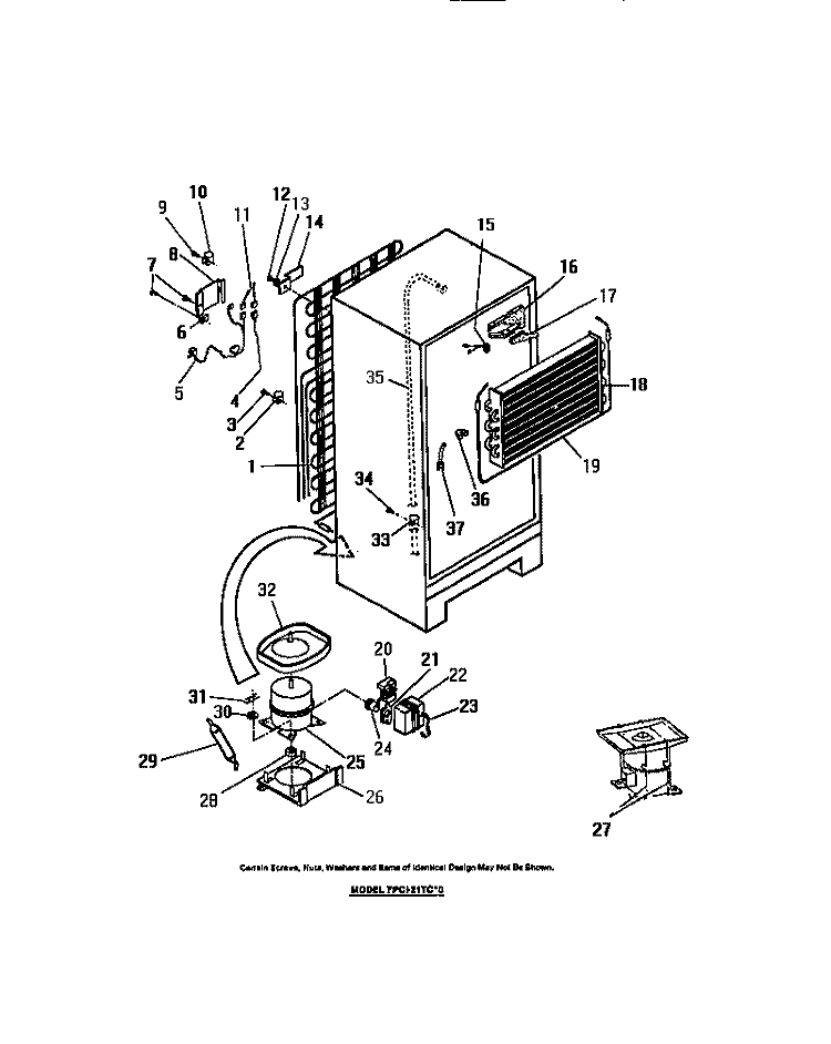COMPRESSOR, CONDENSER, EVAPORATOR Diagram and Parts List for FPCI21TCW0  Frigidaire Refrigerator