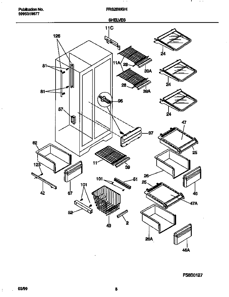 SHELVES Diagram and Parts List for FRS26WGHW0  Frigidaire Refrigerator