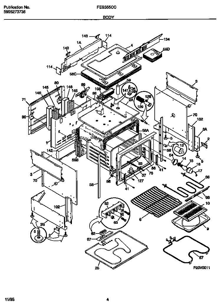 BODY Diagram and Parts List for FES355CCTB  Frigidaire Range