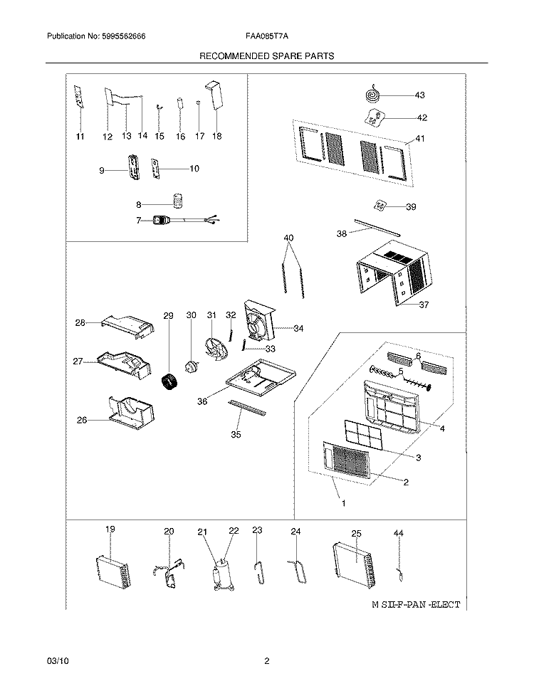 RECOMMENDED SPARE PARTS Diagram and Parts List for FAA085T7A0  Frigidaire Air Conditioner