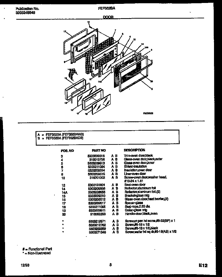 DOOR PARTS Diagram and Parts List for FEF352BADB  Frigidaire Range