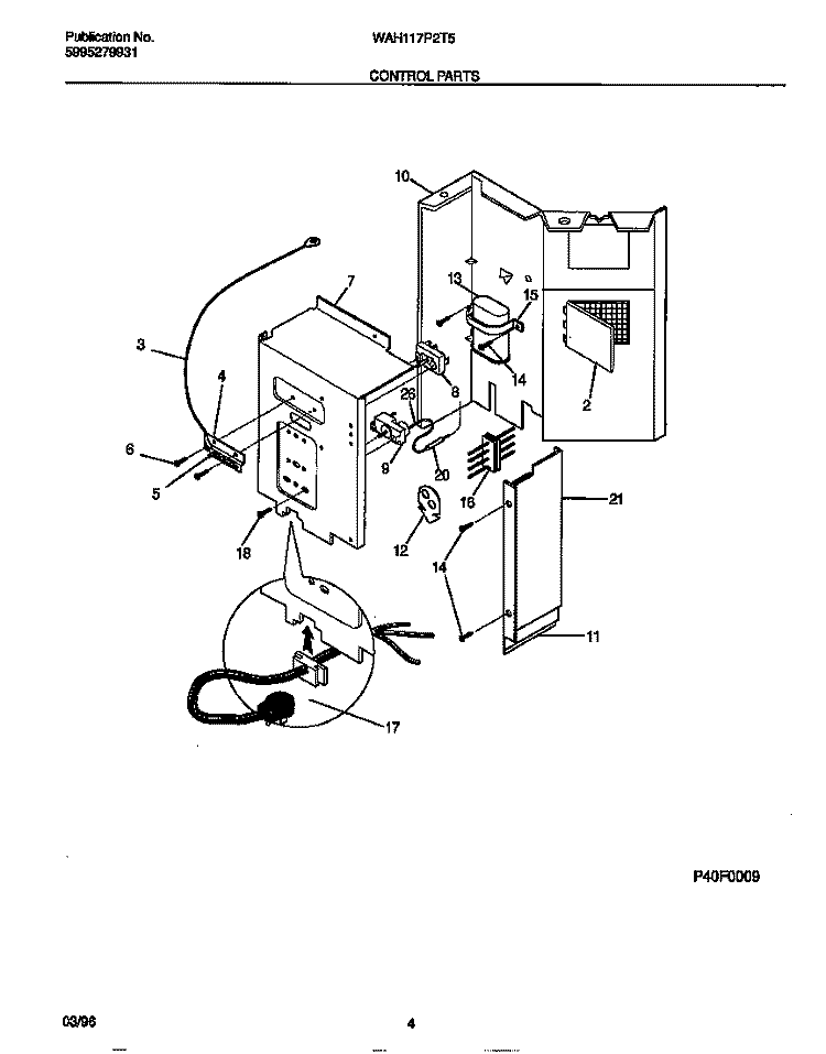 CONTROL PARTS Diagram and Parts List for WAH117P2T5  Frigidaire Air Conditioner