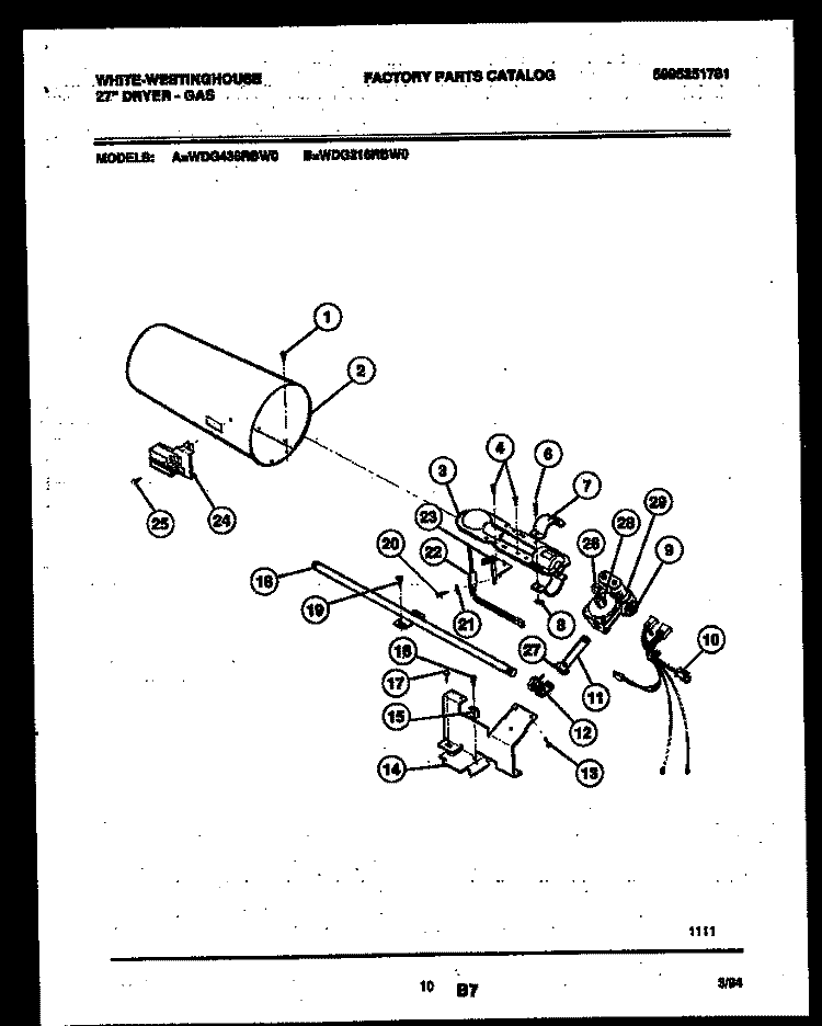 BURNER, IGNITER AND VALVE Diagram and Parts List for WDG216RBW0  Frigidaire Dryer