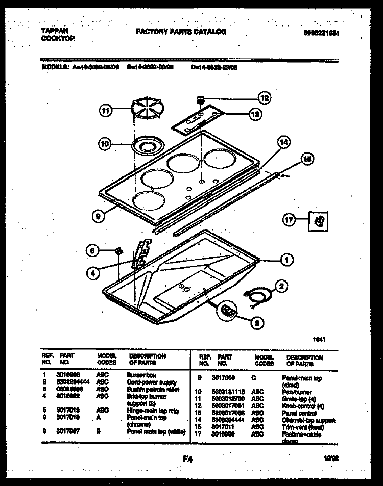 COOKTOP PARTS Diagram and Parts List for 14-3632-23-06  Tappan Cooktop