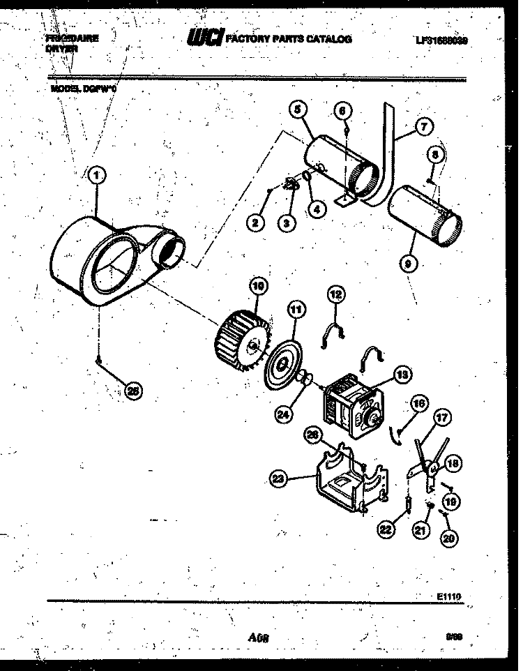 MOTOR AND BLOWER PARTS Diagram and Parts List for DGFW0  Frigidaire Dryer