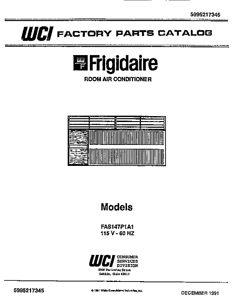 COVER Diagram and Parts List for FAS147P1A1  Frigidaire Air Conditioner