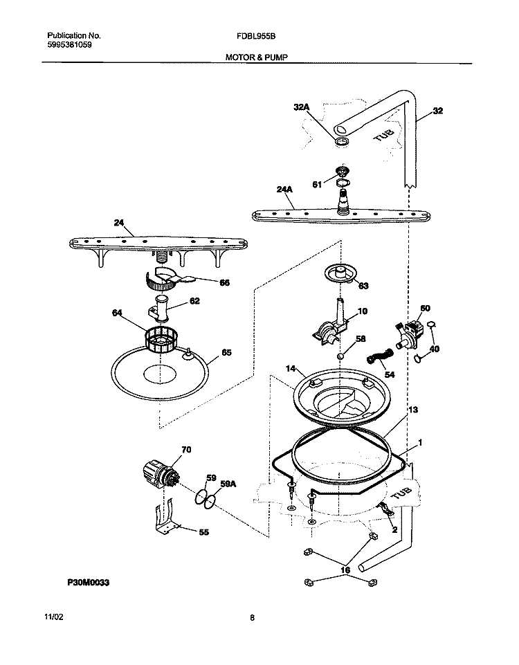 MOTOR & PUMP Diagram and Parts List for FDBL955BS1  Frigidaire Dishwasher