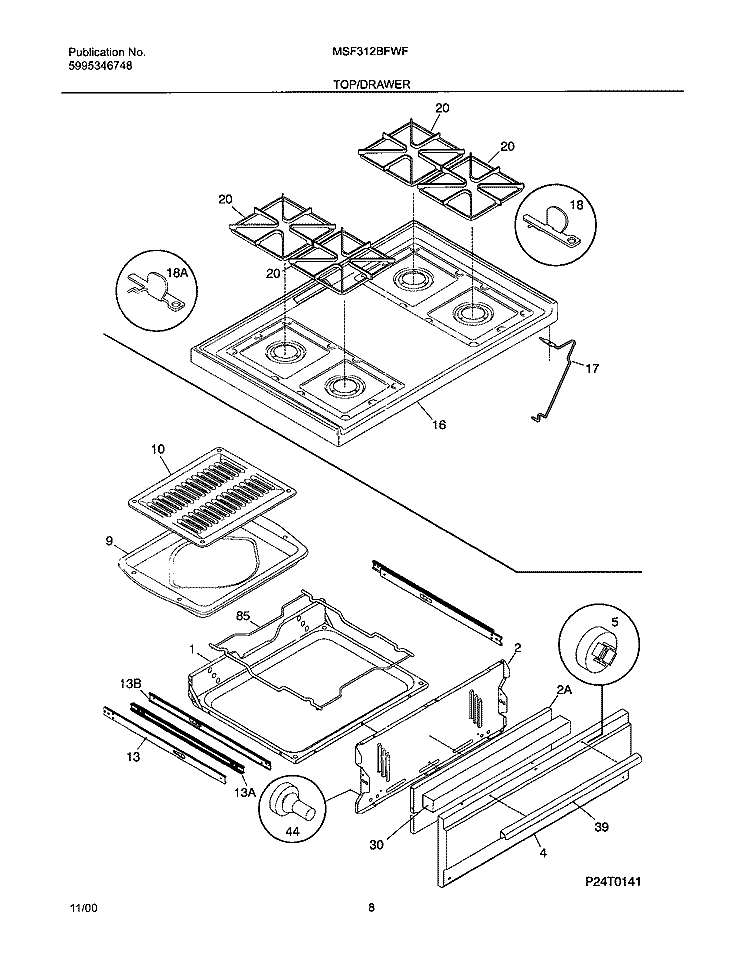TOP / DRAWER Diagram and Parts List for MSF312BFWF  Uni Range