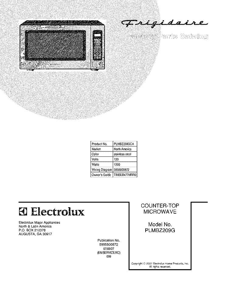 COVER Diagram and Parts List for PLMBZ209GCA  Frigidaire Microwave