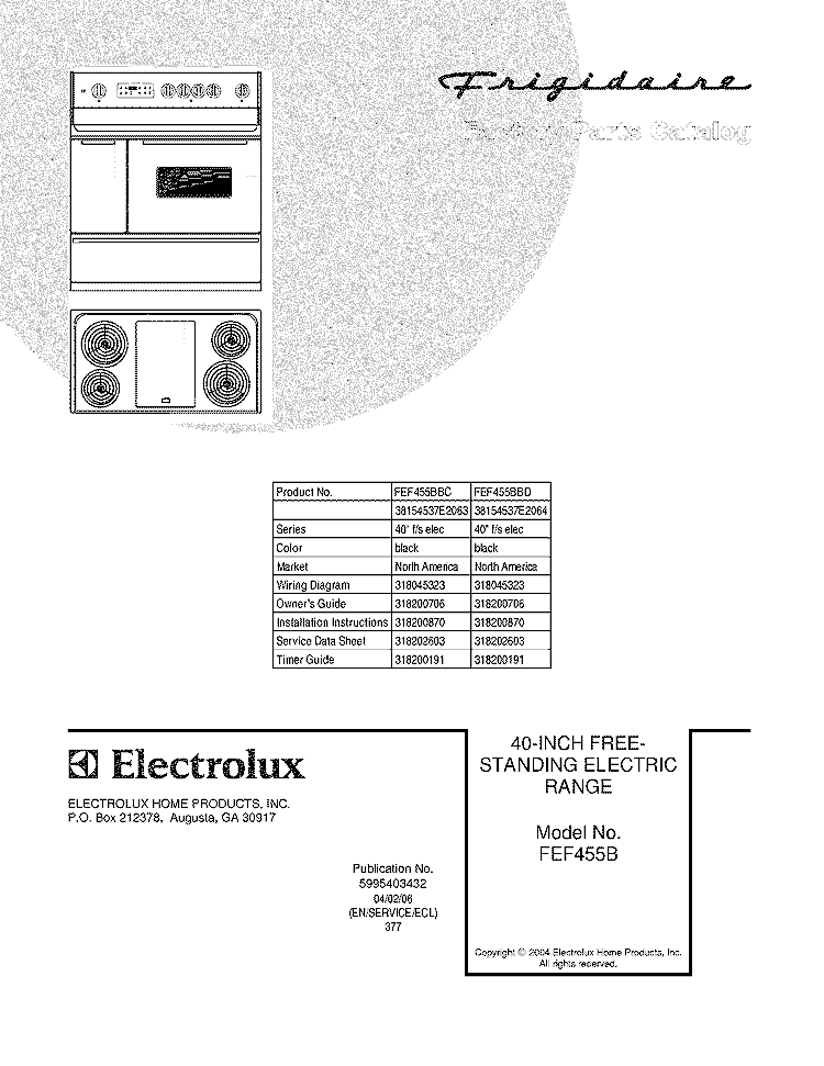 COVER Diagram and Parts List for FEF455BBC  Frigidaire Range