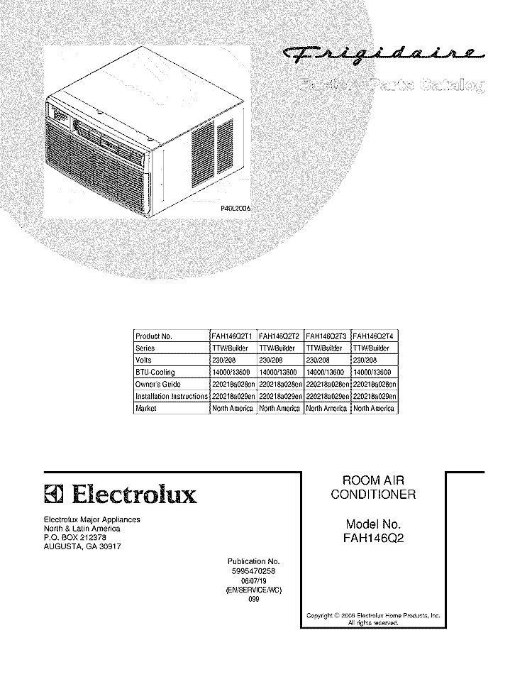 COVER Diagram and Parts List for FAH146Q2T2  Frigidaire Air Conditioner
