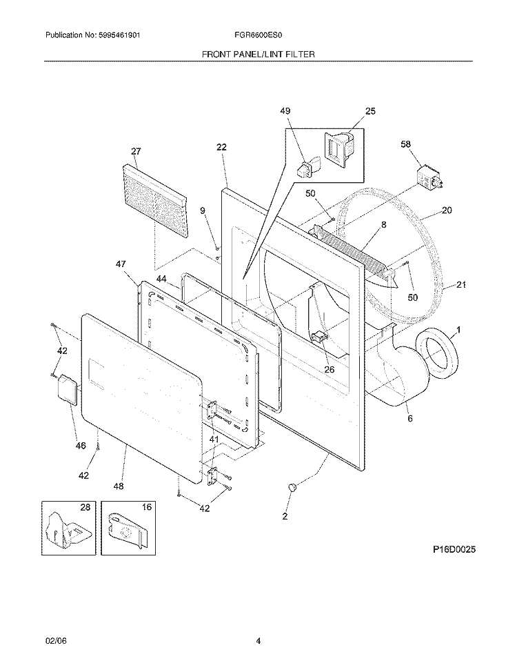 FRONT PANEL / LINT FILTER Diagram and Parts List for FGR6600ES0  Frigidaire Dryer