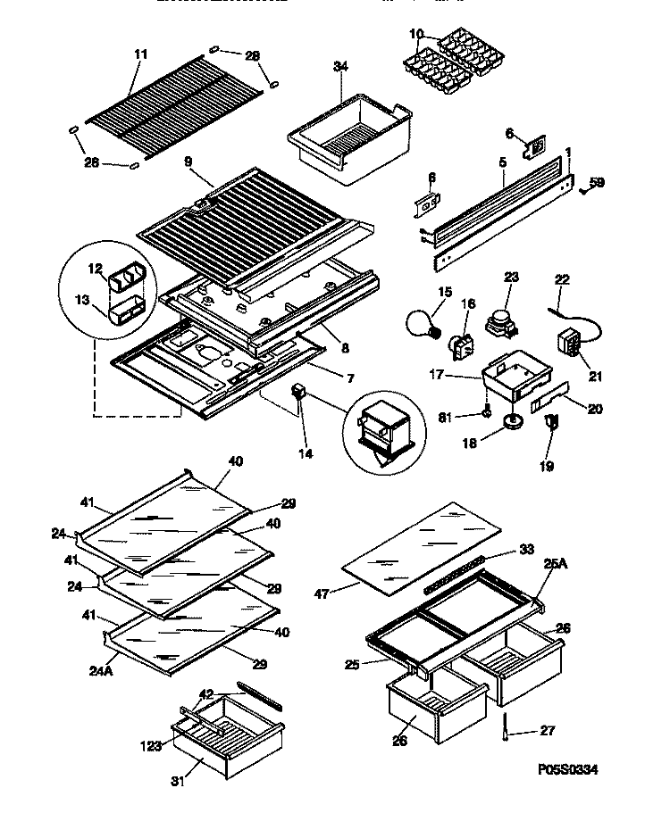 SHELVES / CONTROLS Diagram and Parts List for MRT21NNCW0  Uni Refrigerator