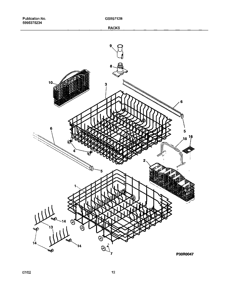 RACKS Diagram and Parts List for GSB5712BS0  Frigidaire Dishwasher