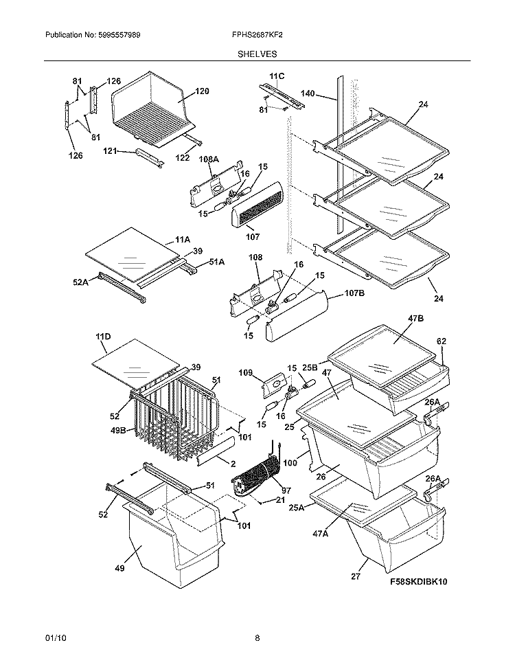 SHELVES Diagram and Parts List for FPHS2687KF2  Frigidaire Refrigerator