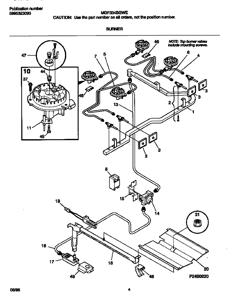 BURNER Diagram and Parts List for MGF334BGWE  Frigidaire Range