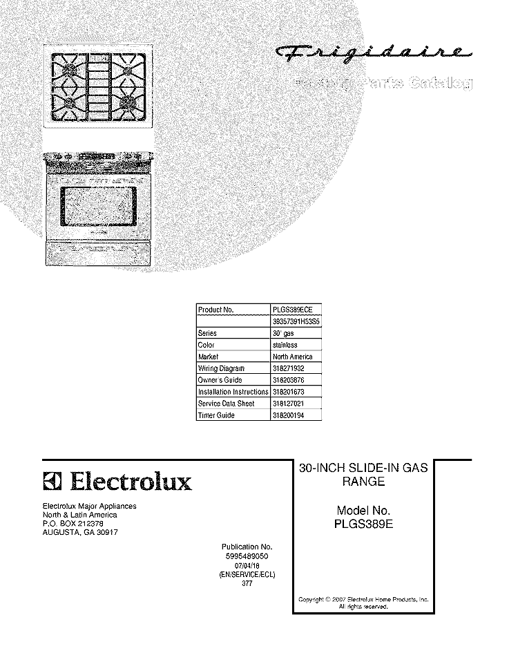 COVER Diagram and Parts List for PLGS389ECE  Frigidaire Range