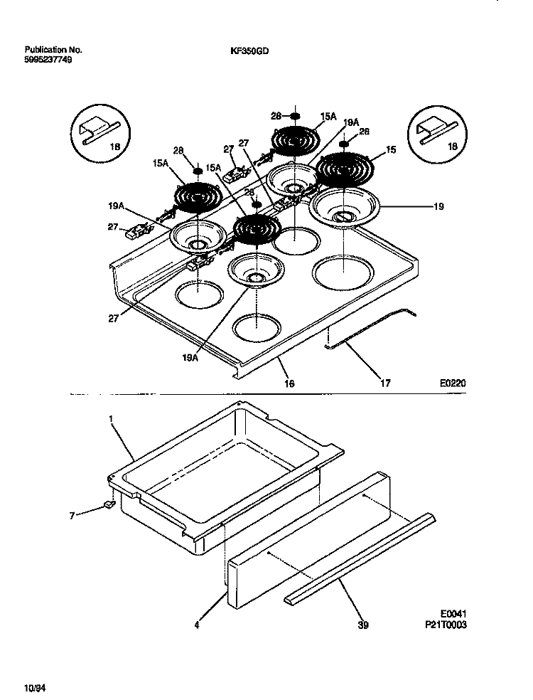 TOP / DRAWER Diagram and Parts List for KF350GDH8  Frigidaire Range