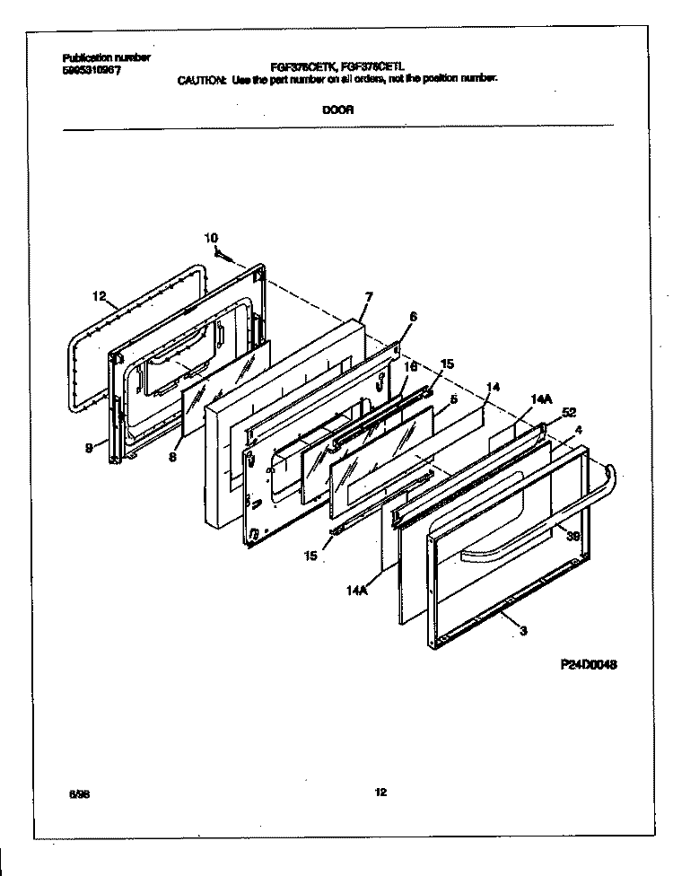DOOR Diagram and Parts List for FGF376CETL  Frigidaire Range
