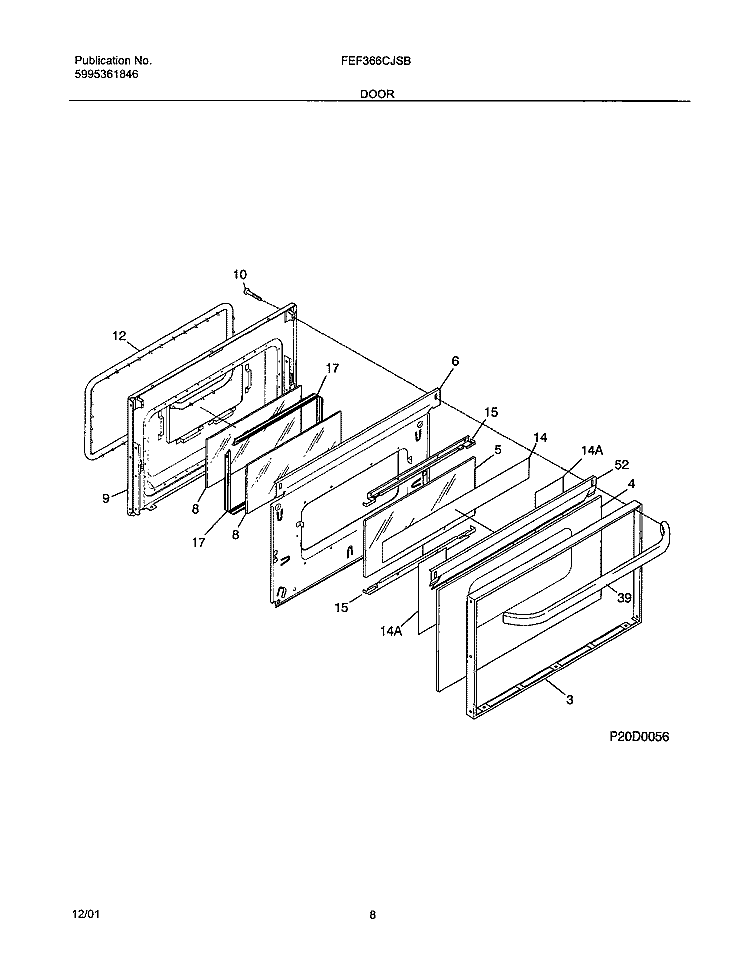 DOOR Diagram and Parts List for FEF366CJSB  Frigidaire Range
