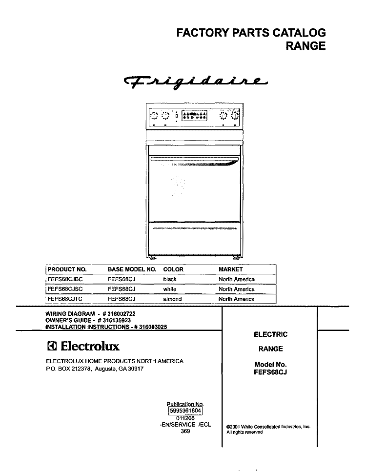 COVER Diagram and Parts List for FEFS68CJBC  Frigidaire Range