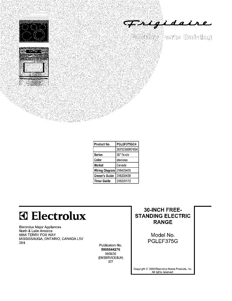 COVER Diagram and Parts List for PGLEF375GC4  Frigidaire Wall Oven