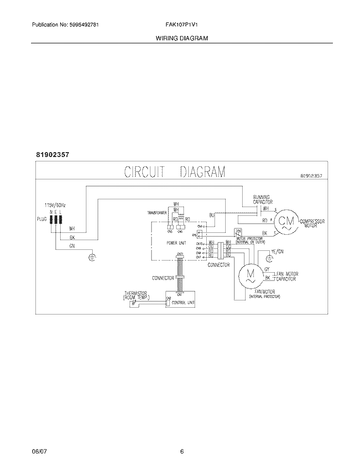 WIRING DIAGRAM Diagram and Parts List for FAK107P1V1  Frigidaire Air Conditioner